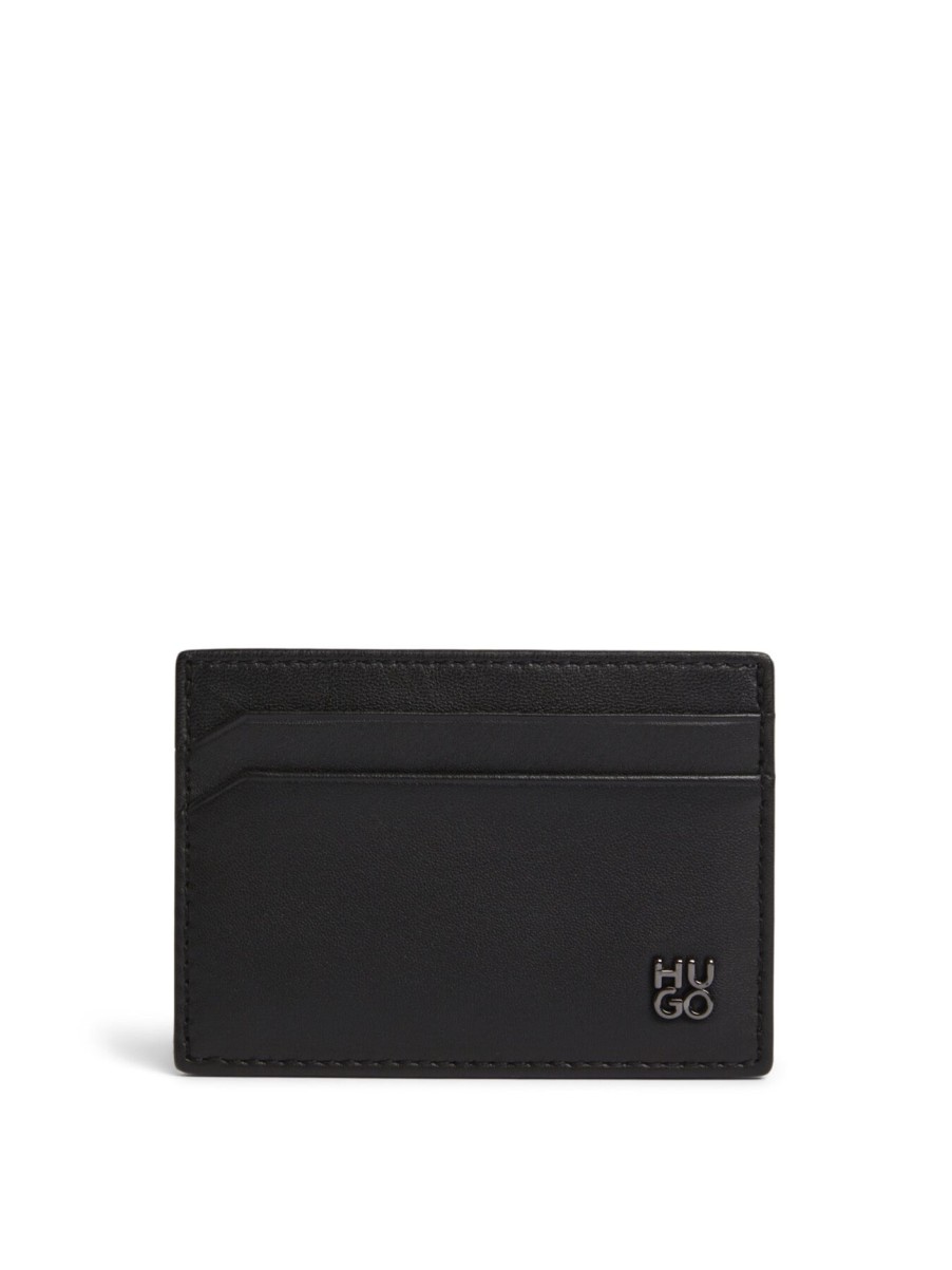 Men Hugo Wallets & Card Holders | Leather Card Holder With Stacked Logo Black