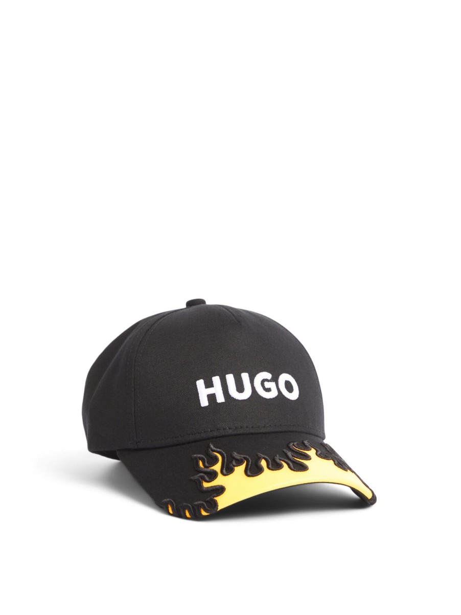 Men Hugo Hats | Cotton-Twill Cap With 3D Flame And Logo Embroidery Black