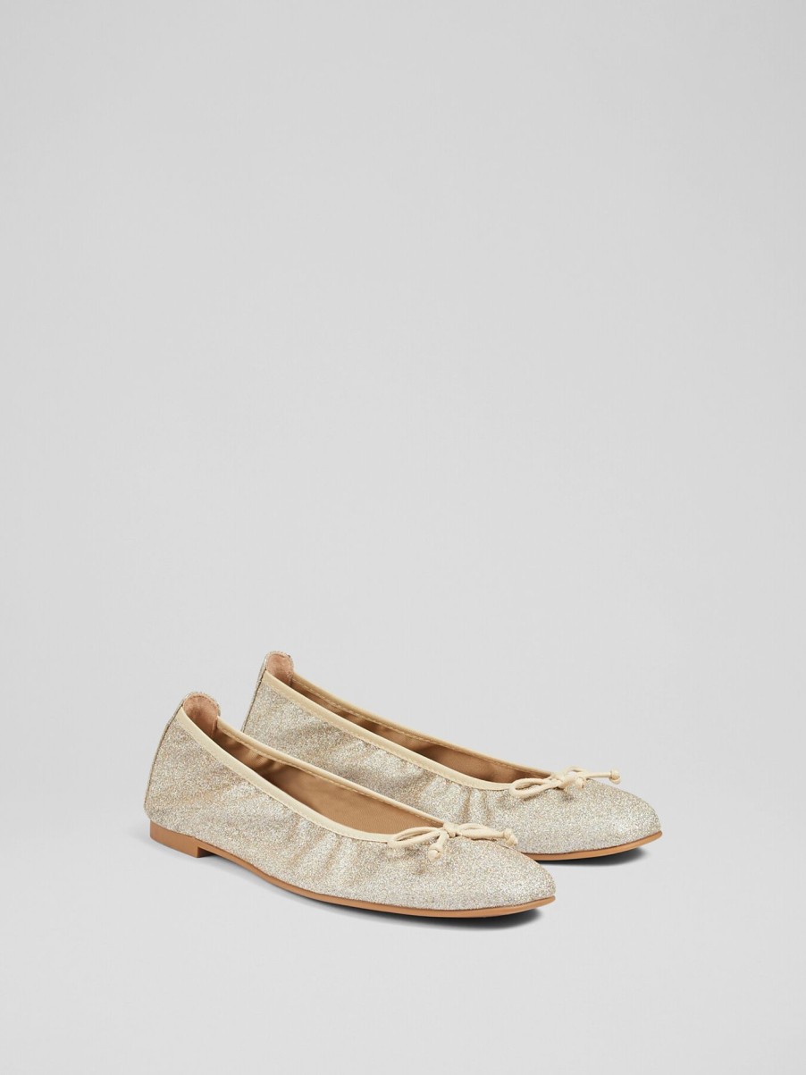 Women LK Bennett Flats | Trilly Glitter Ballerina Pumps Gold