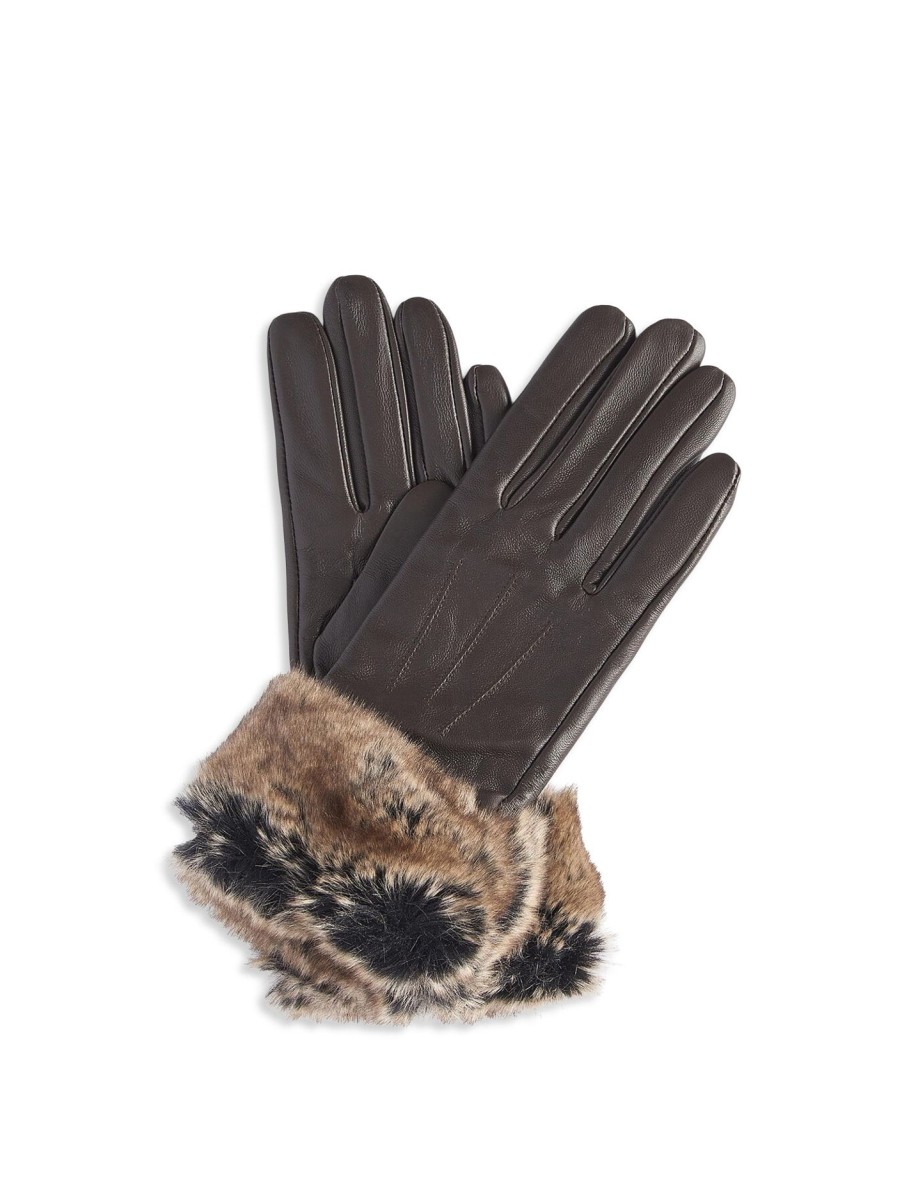 Women Barbour Gloves | Barbour Fur Trimmed Leather Gloves Dark Brown