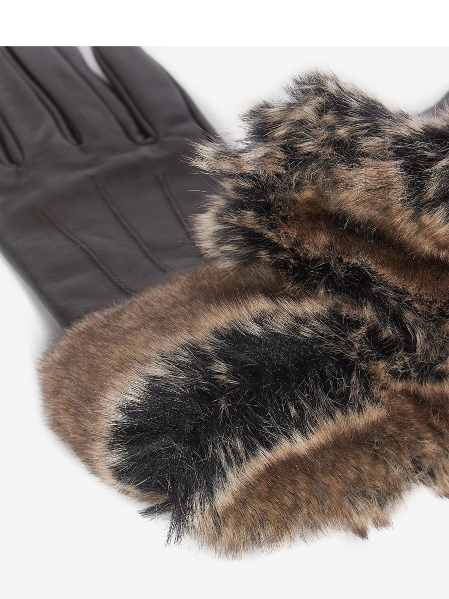 Women Barbour Gloves | Barbour Fur Trimmed Leather Gloves Dark Brown