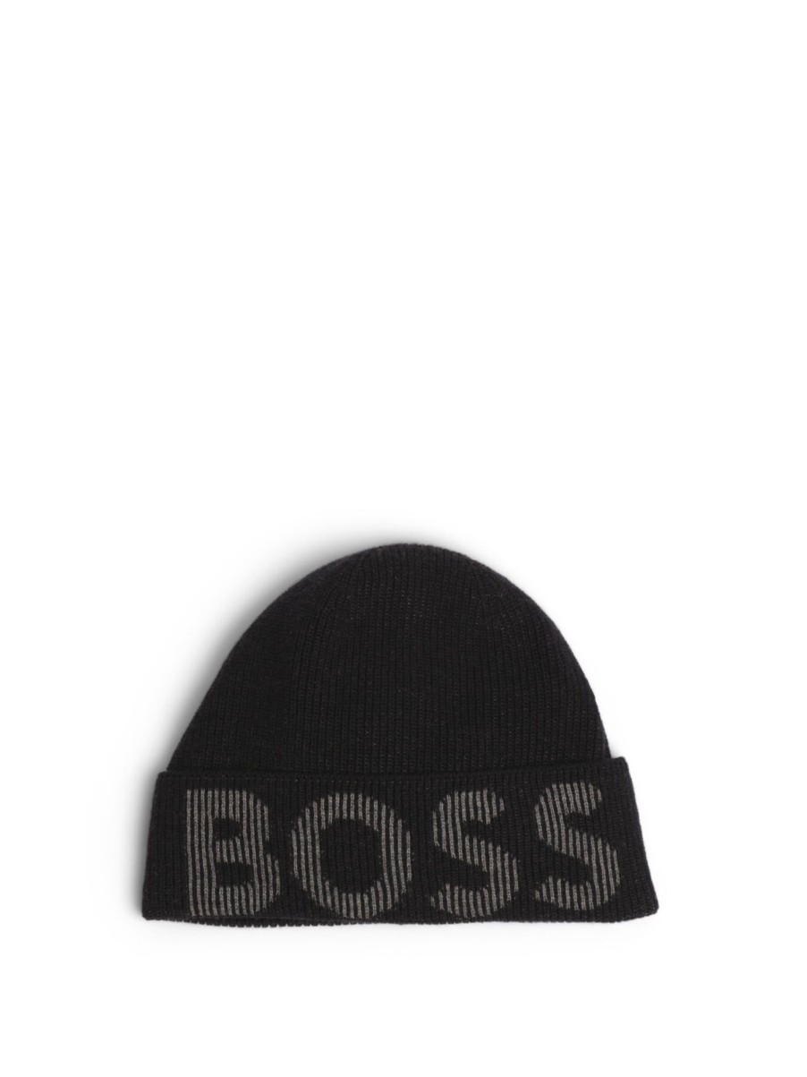 Men BOSS Hats | Knitted Logo Beanie Hat In Cotton And Wool Black