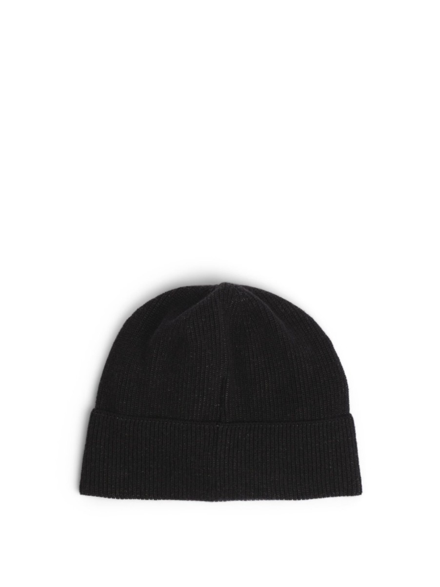 Men BOSS Hats | Knitted Logo Beanie Hat In Cotton And Wool Black