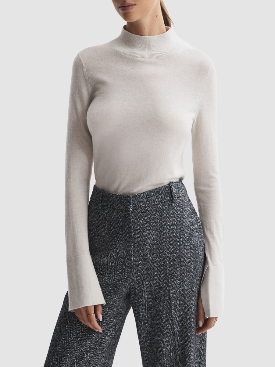 Women REISS Knitwear | Kylie Merino Wool Fitted Funnel Neck Top Stone