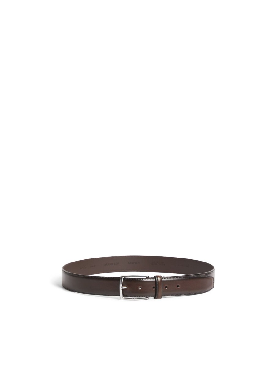 Men BOSS Belts | Italian Made Polished Leather Belt With Stitching Detail Dark Brown