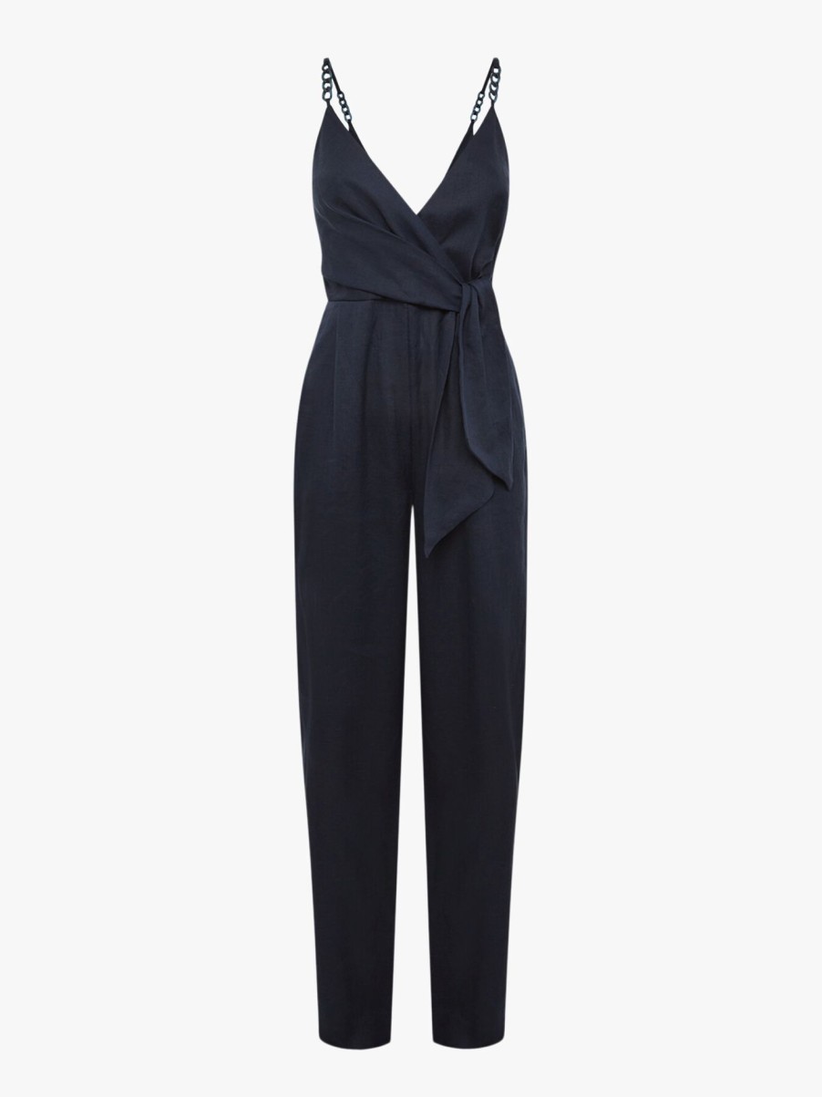 Women REISS Jumpsuits & Playsuits | Emilia V-Neck Linen Jumpsuit Navy Blue