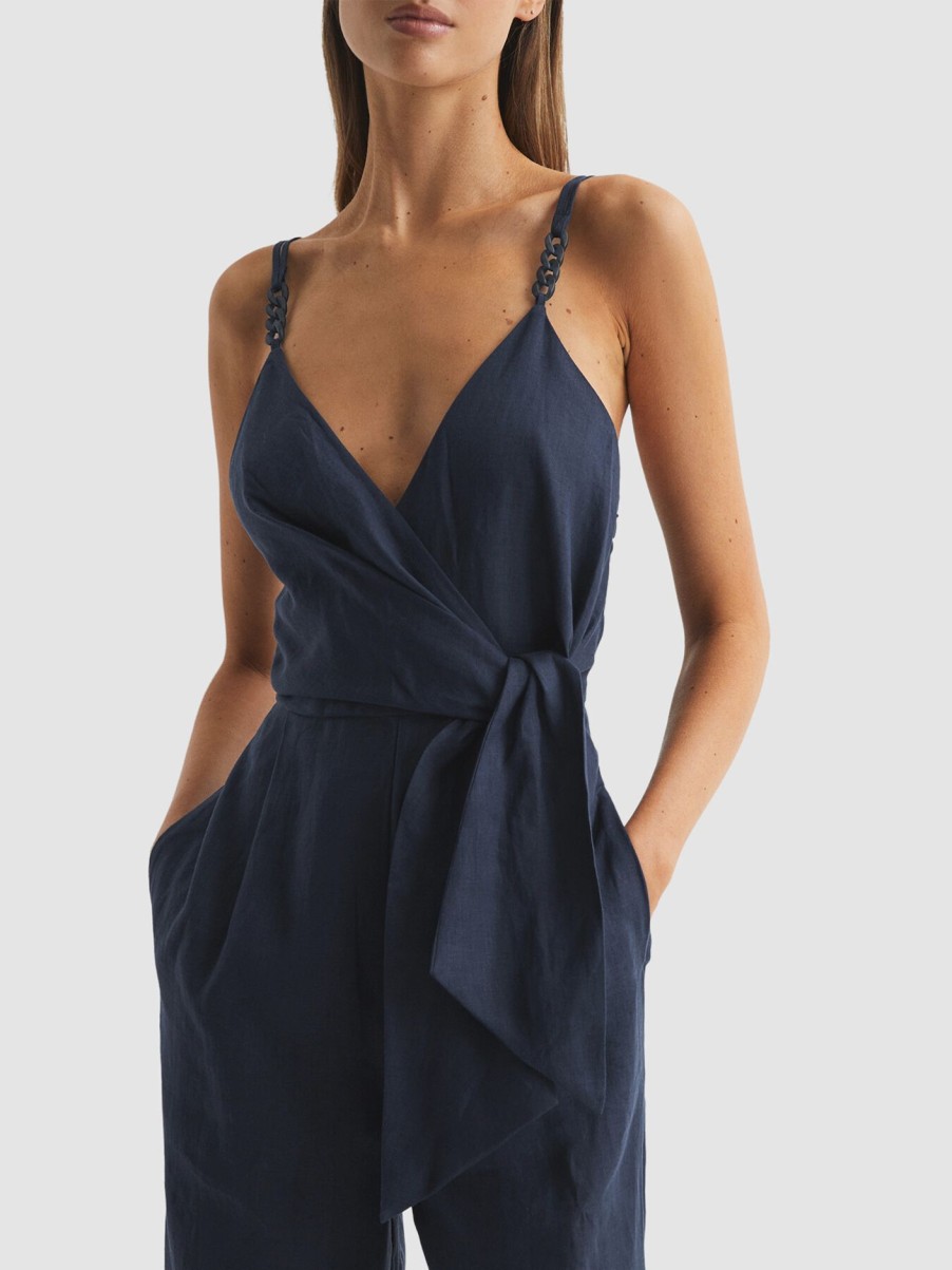 Women REISS Jumpsuits & Playsuits | Emilia V-Neck Linen Jumpsuit Navy Blue