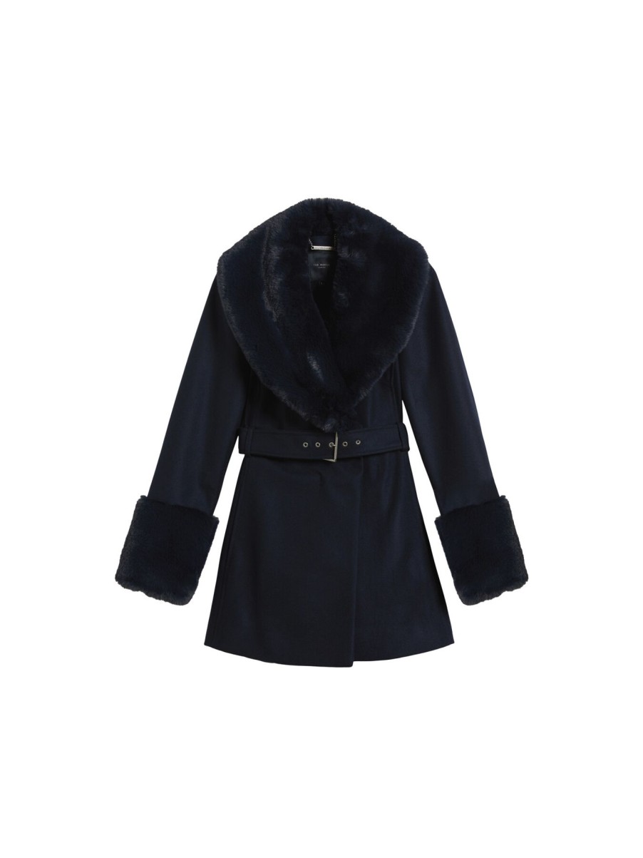 Women Ted Baker Coats & Jackets | Belted Coat With Faux Fur Collar And Cuffs Navy