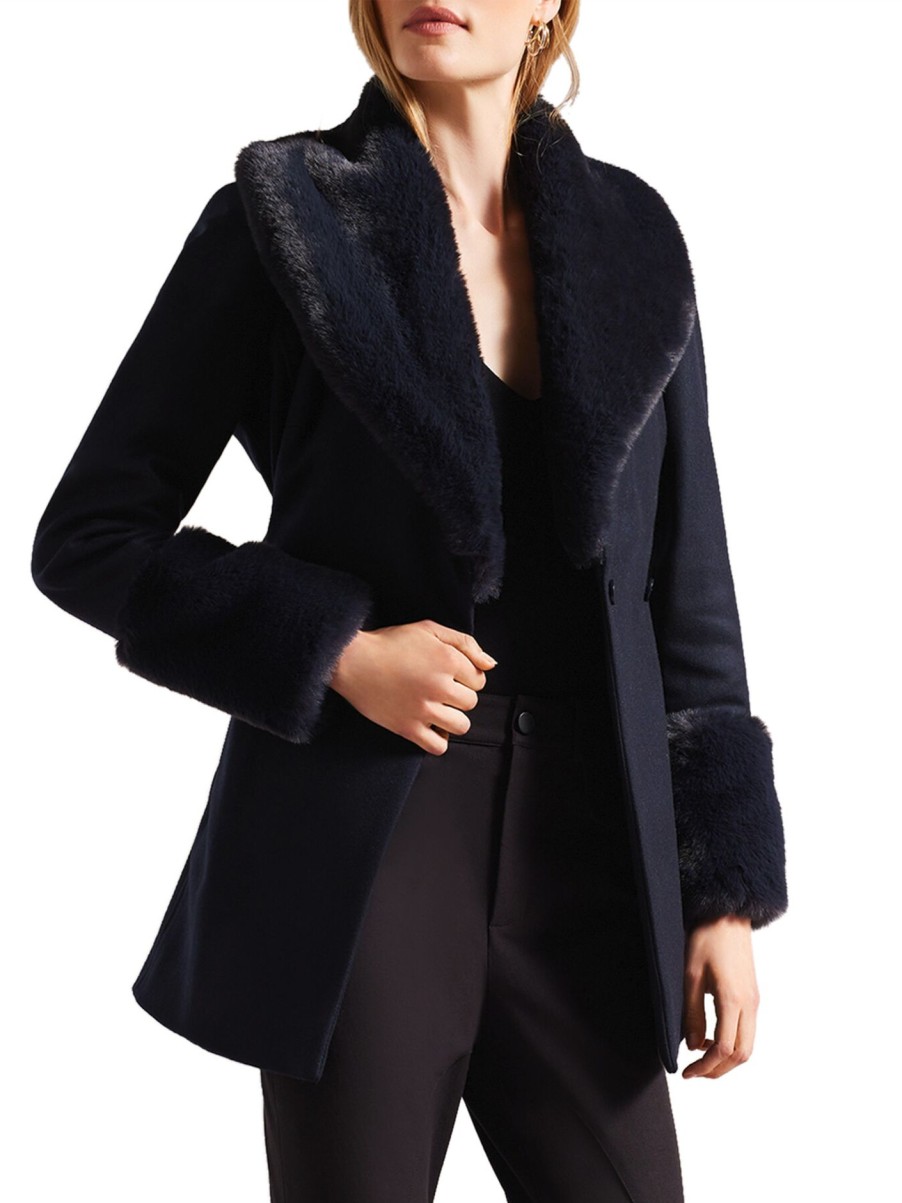 Women Ted Baker Coats & Jackets | Belted Coat With Faux Fur Collar And Cuffs Navy