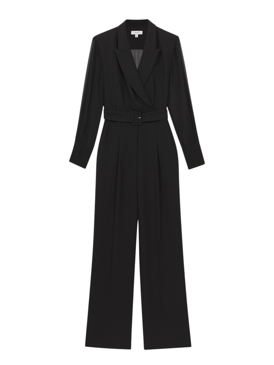 Women REISS Jumpsuits & Playsuits | Flora Sheer Belted Double Breasted Jumpsuit Black