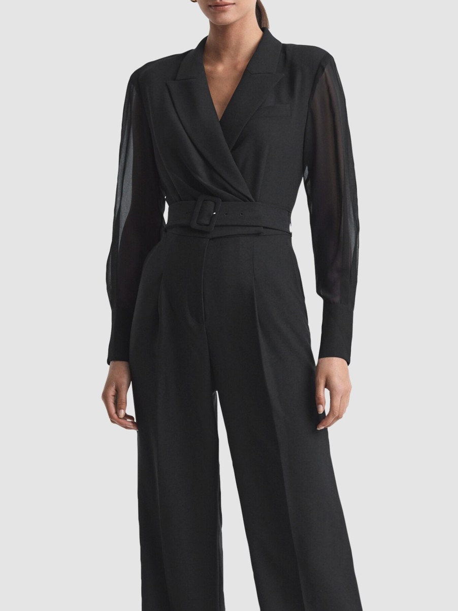 Women REISS Jumpsuits & Playsuits | Flora Sheer Belted Double Breasted Jumpsuit Black