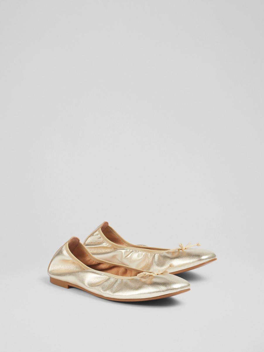 Women LK Bennett Flats | Trilly Metallic Leather Ballerina Pumps Gold