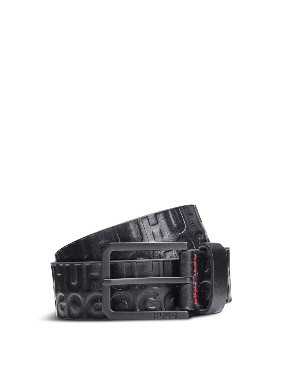 Men Hugo Belts | Leather Belt With Embossed Stacked Logos Black