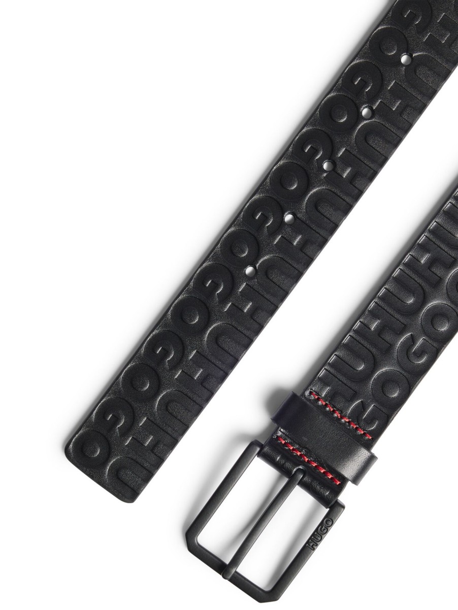 Men Hugo Belts | Leather Belt With Embossed Stacked Logos Black