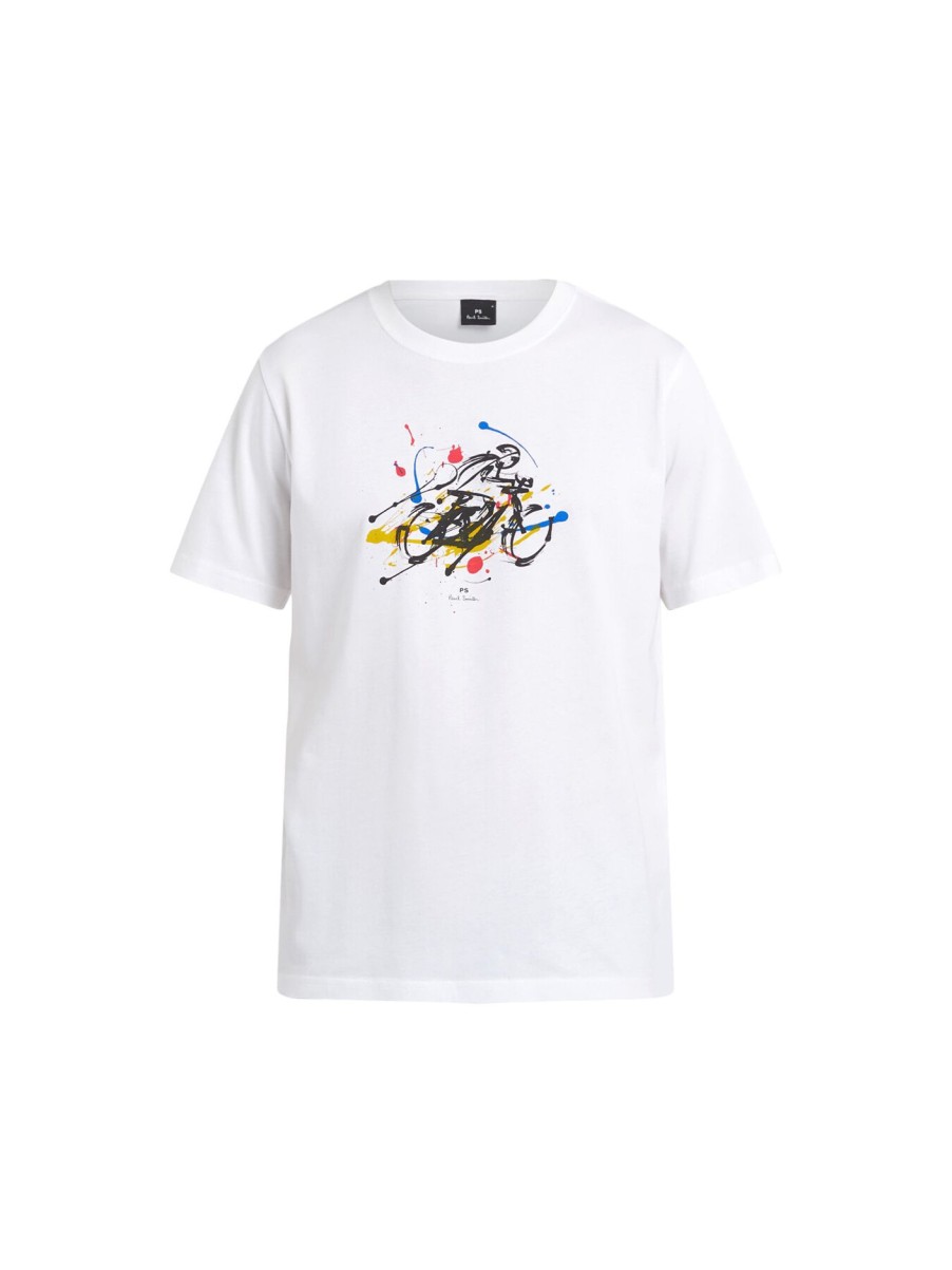 Men PS Paul Smith T-Shirts | Cyclist Sketch Print Cotton T-Shirt White