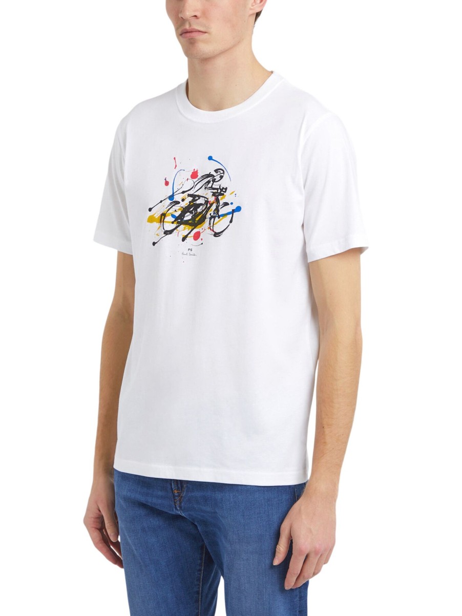 Men PS Paul Smith T-Shirts | Cyclist Sketch Print Cotton T-Shirt White