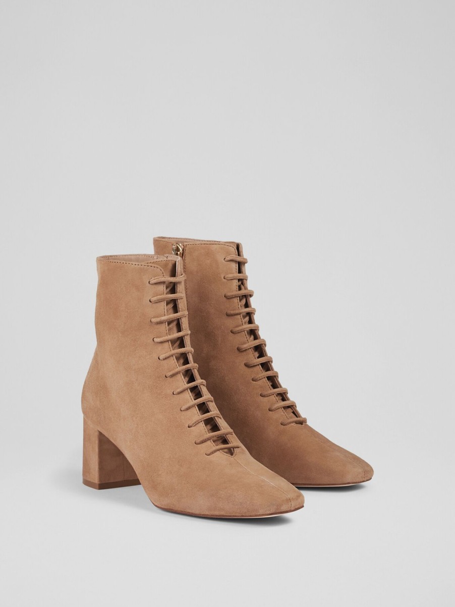 Women LK Bennett Boots | Arabella Tan Suede Lace Up Ankle Boots Brown