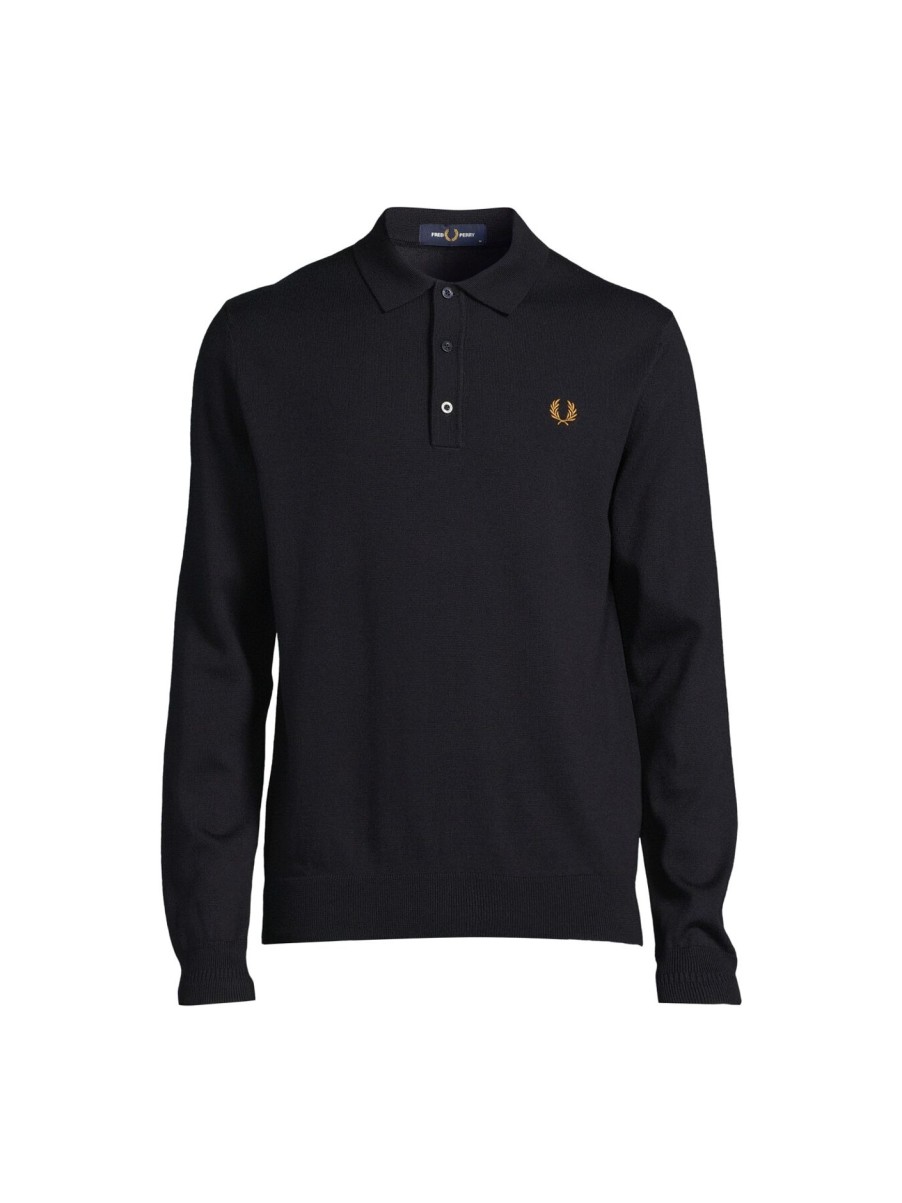 Men Fred Perry Polo & Rugby Shirts | Long Sleeve Knitted Polo Shirt Navy