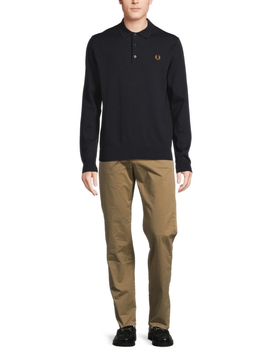 Men Fred Perry Polo & Rugby Shirts | Long Sleeve Knitted Polo Shirt Navy