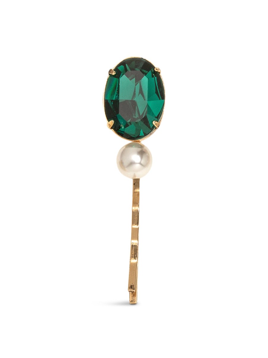 Women Jennifer Behr Hair Accessories | Tula Oval Crystal And Pearl Bobby Pin Emerald