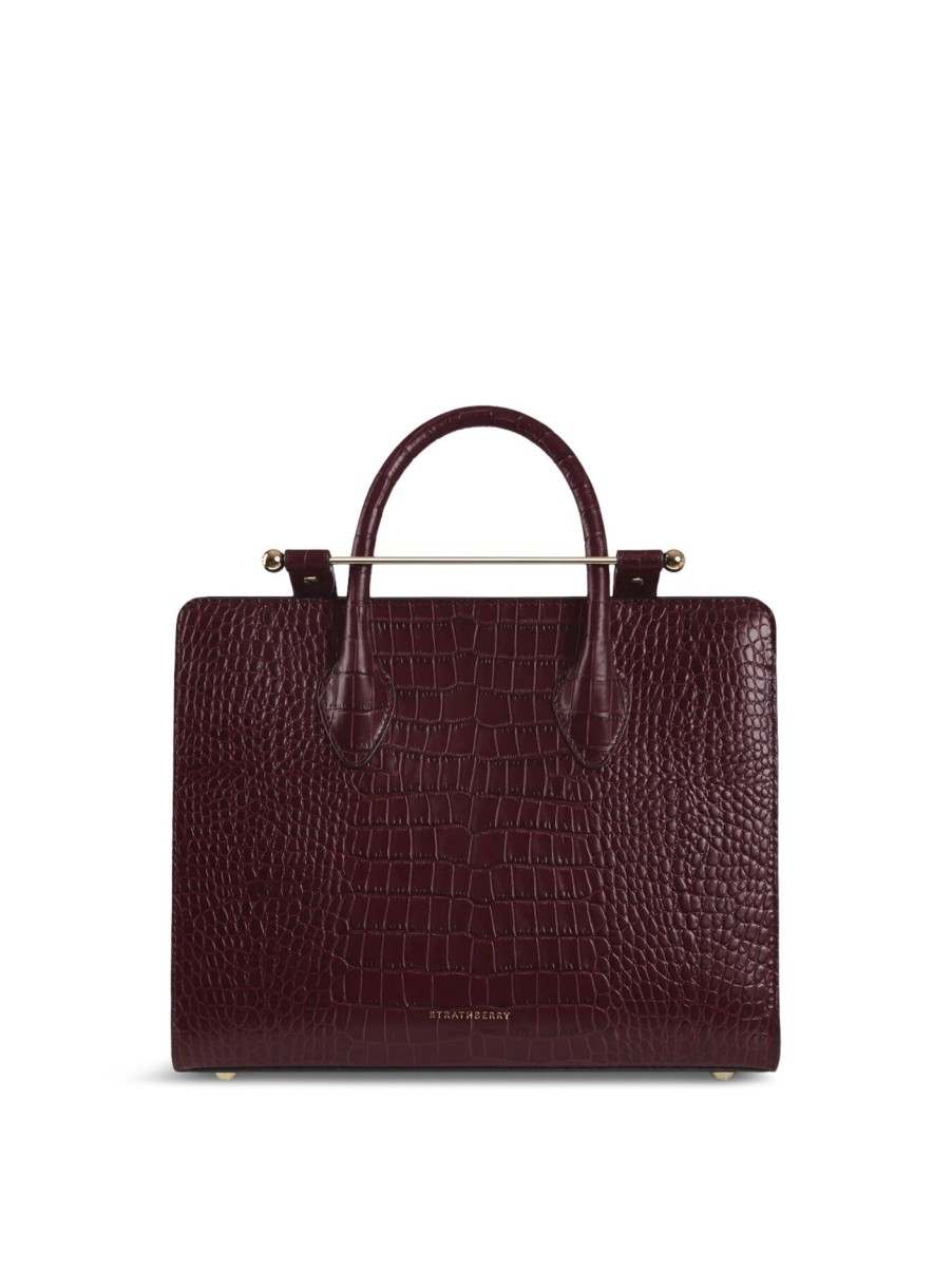 Women Strathberry Tote Bags | Midi Tote (Ts) Embossed Croc Burgundy