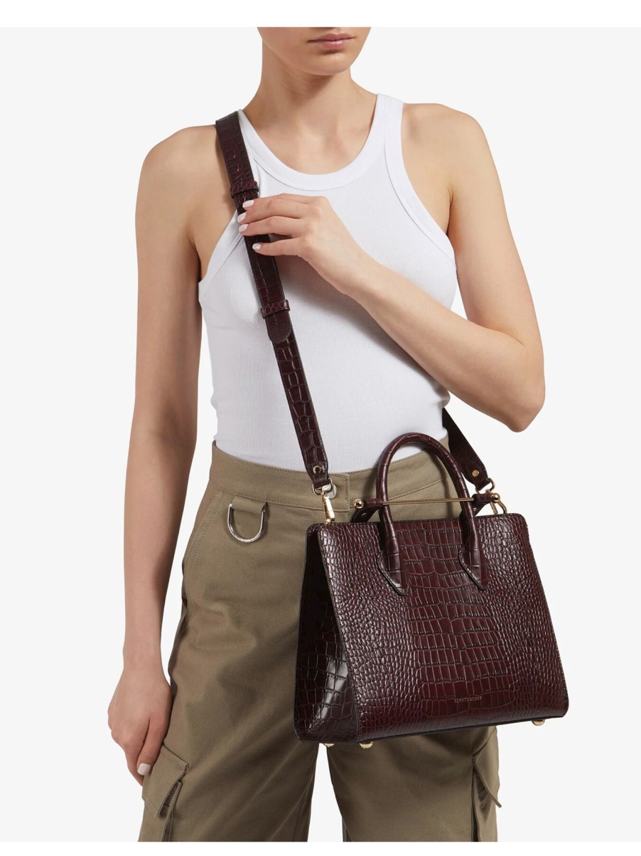 Women Strathberry Tote Bags | Midi Tote (Ts) Embossed Croc Burgundy