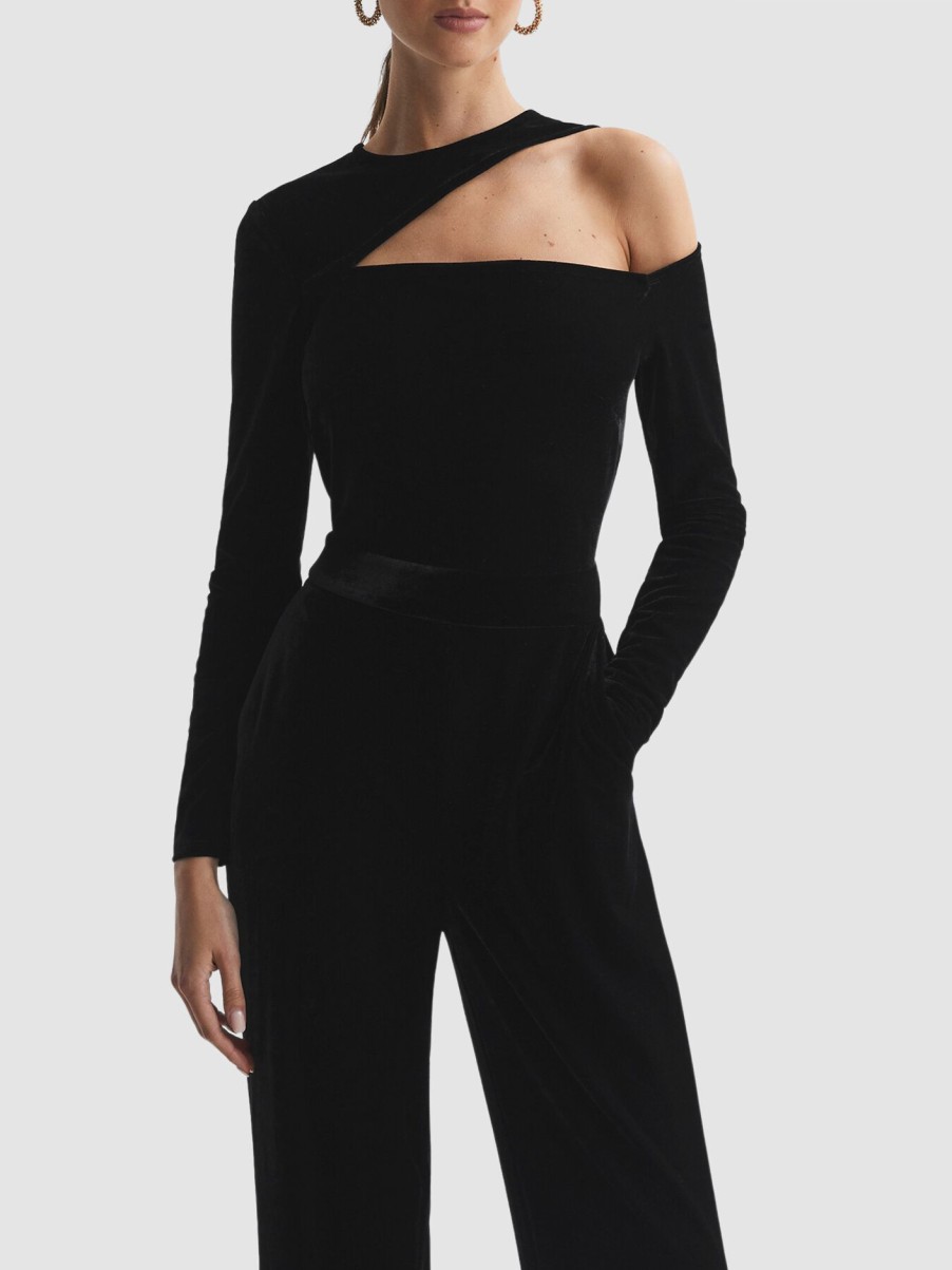 Women REISS Jumpsuits & Playsuits | Adele Velvet Off-The-Shoulder Jumpsuit Black