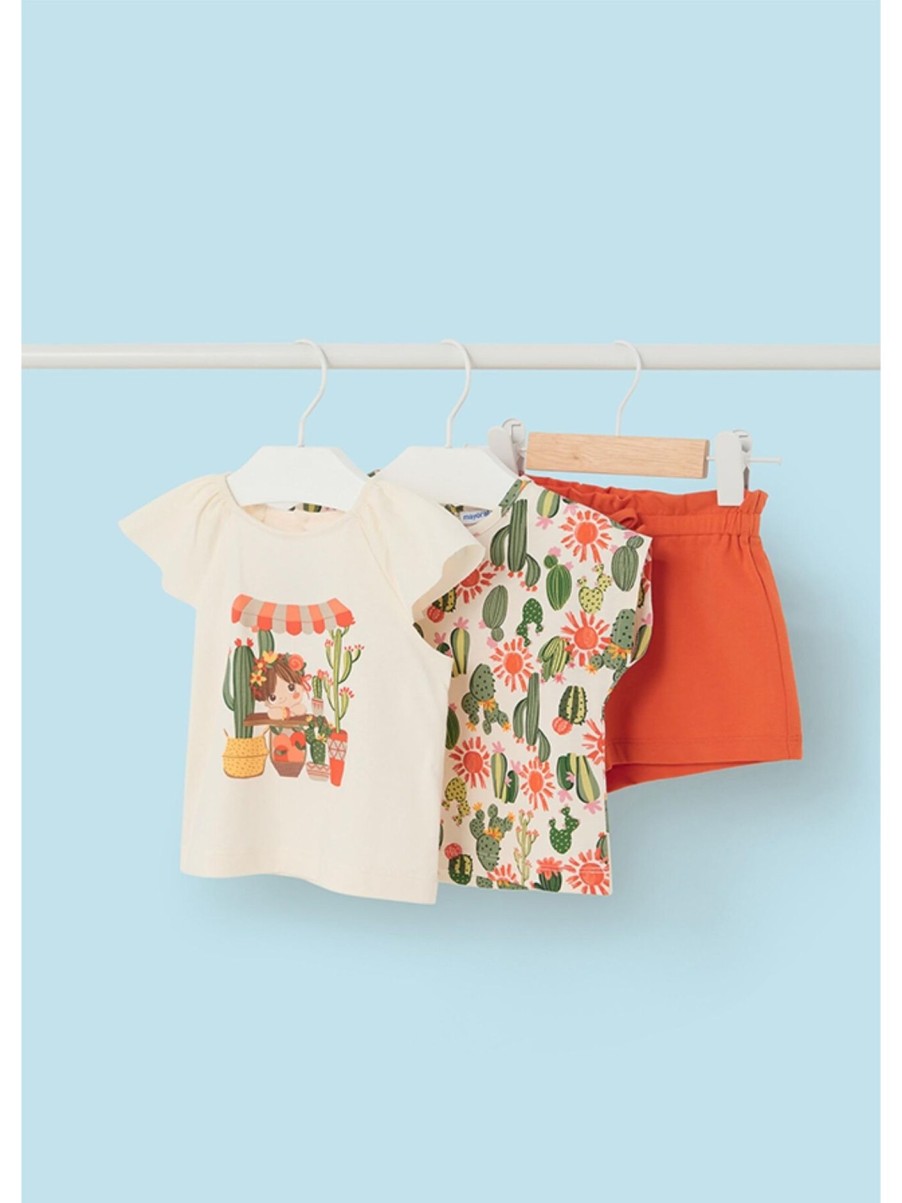 Kids Mayoral Sets | Orange Shorts & 2 Catcus Shirt Set Tangerine