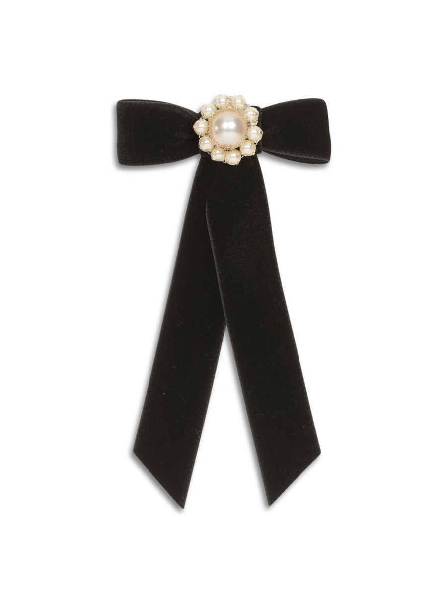 Women Jennifer Behr Hair Accessories | Perla Petite Velvet Pearl Bow Barrette Black