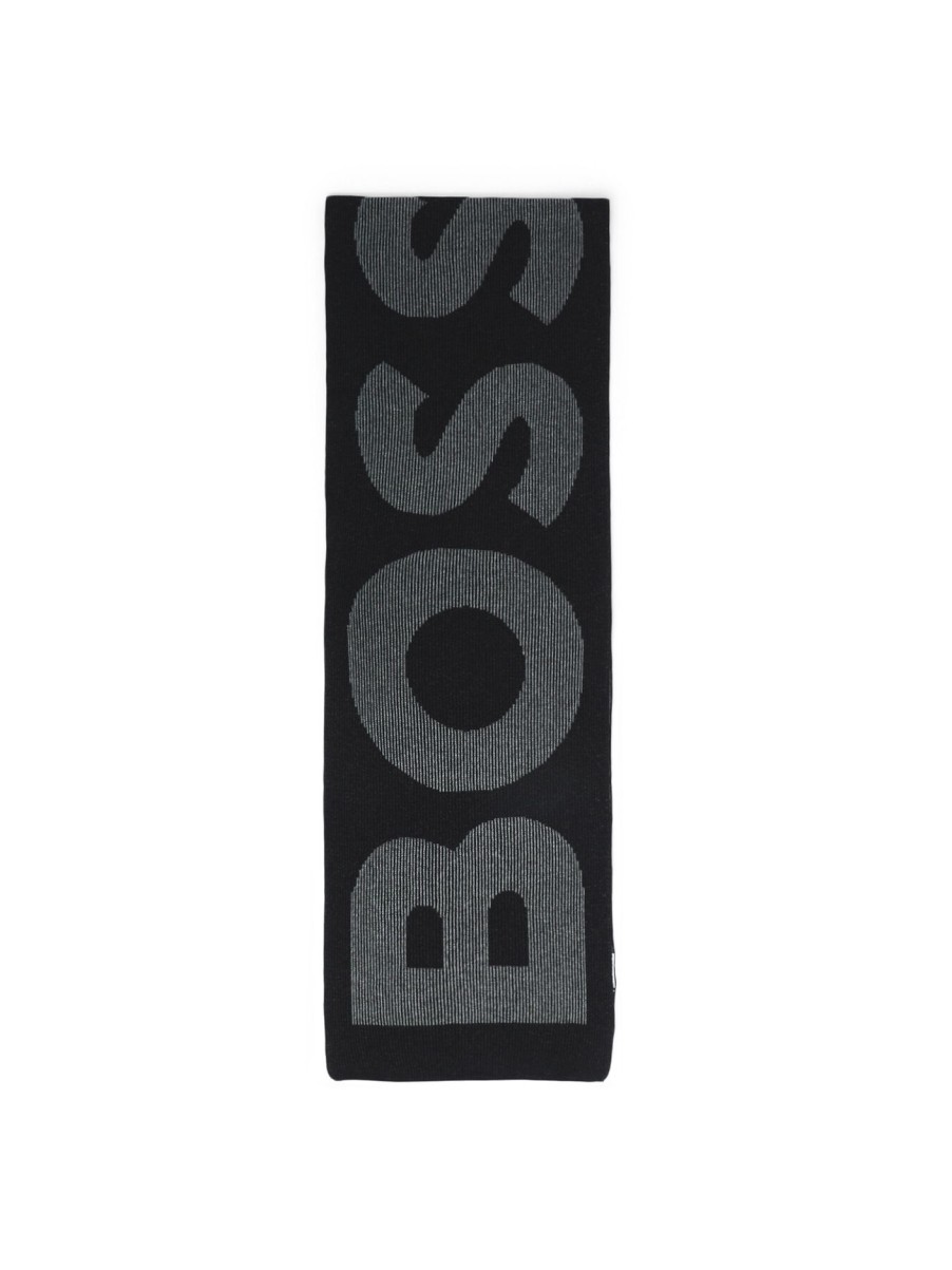 Men BOSS Scarves | Logo Knit Scarf In A Cotton Wool Blend Black