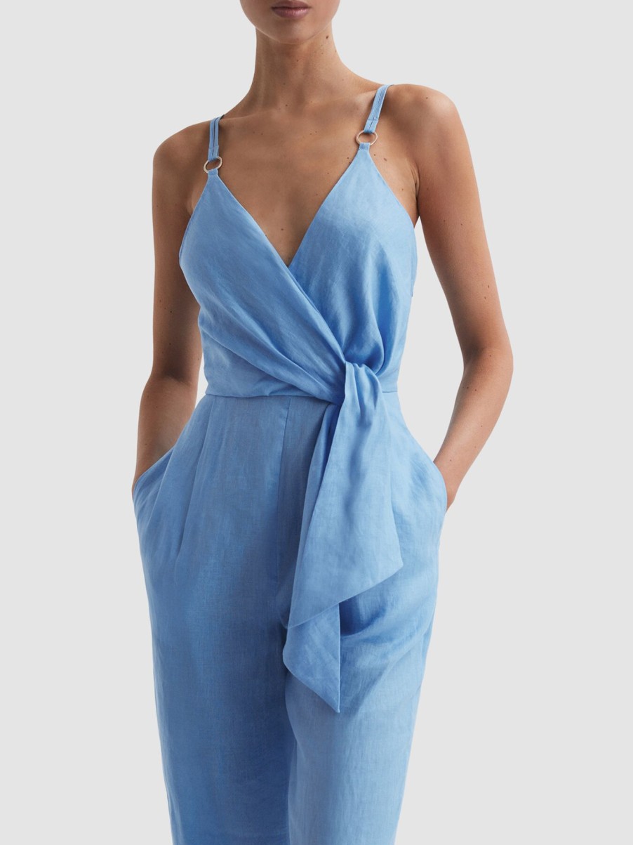 Women REISS Jumpsuits & Playsuits | Emily Linen Side Tie Jumpsuit Blue