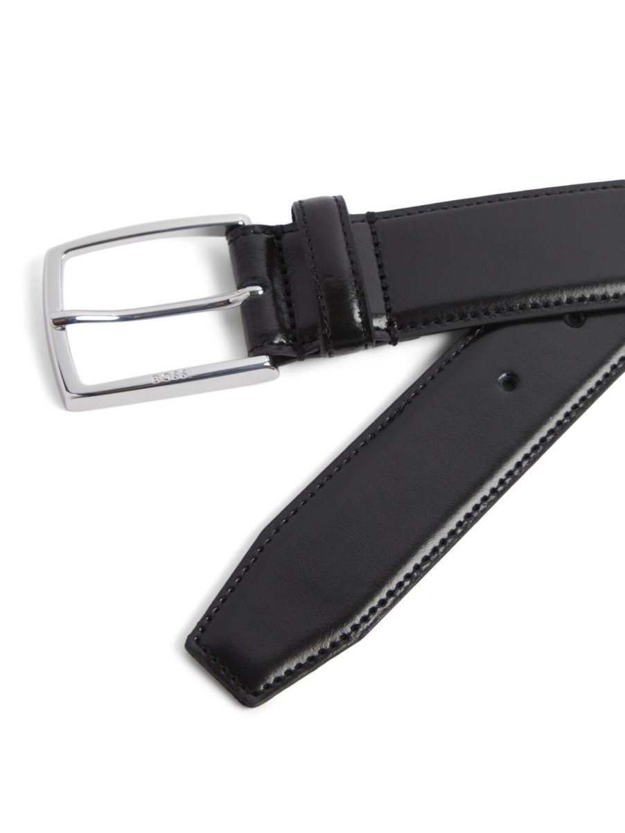 Men BOSS Belts | Italian Made Polished Leather Belt With Stitching Detail Black