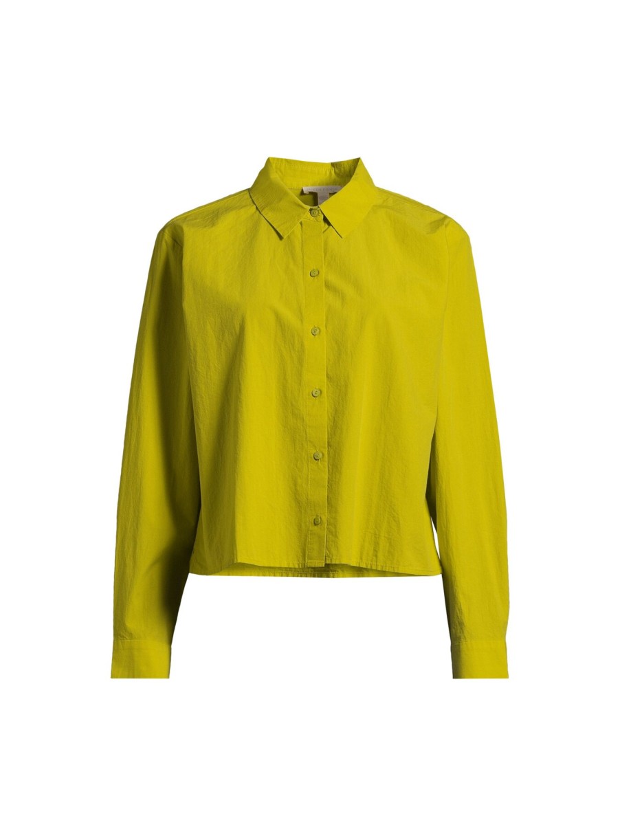 Women Eileen Fisher Tops | Classic Collar Short Shirt Citron