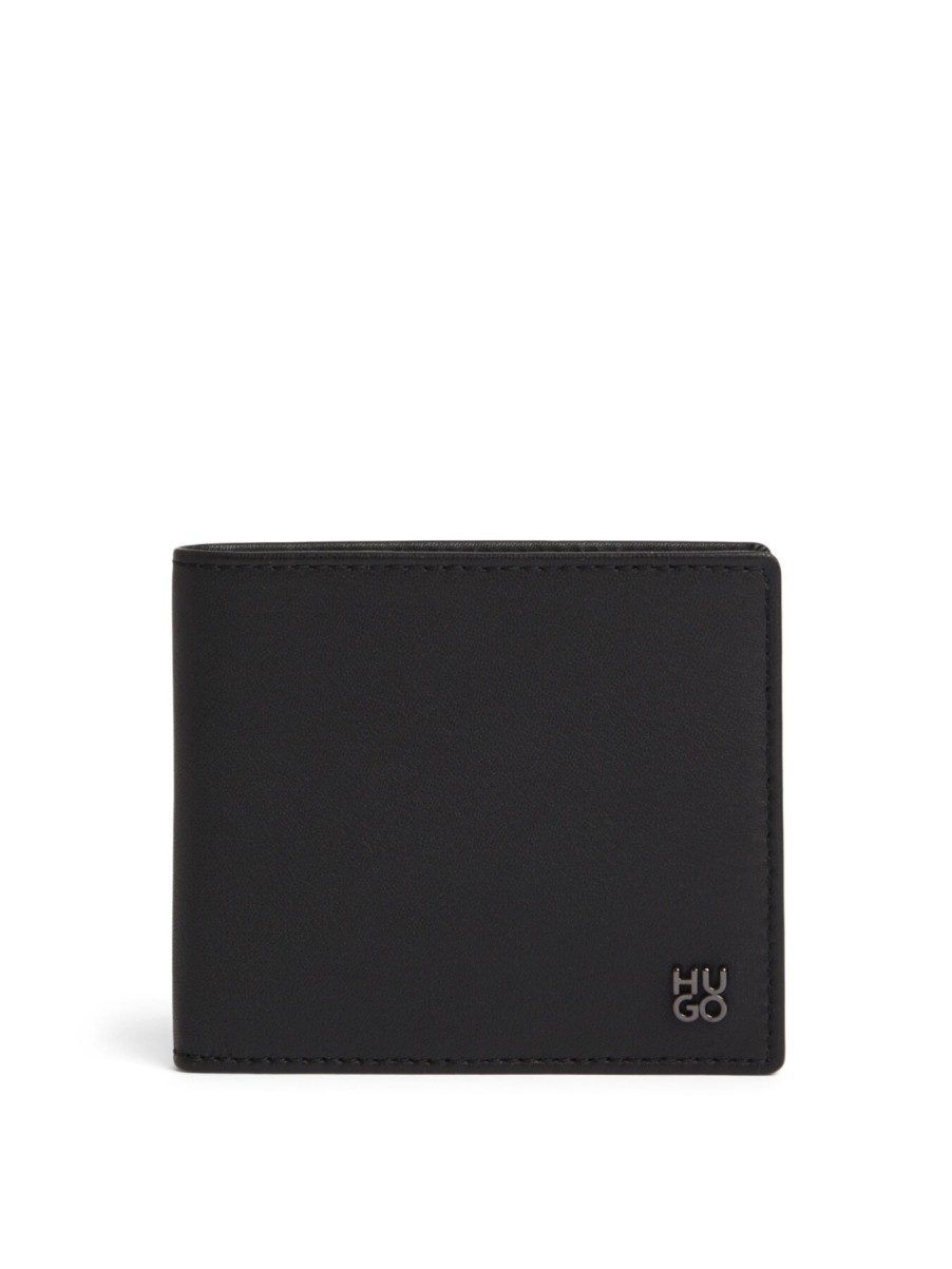 Men Hugo Wallets & Card Holders | Leather Card Holder With Stacked Logo Black