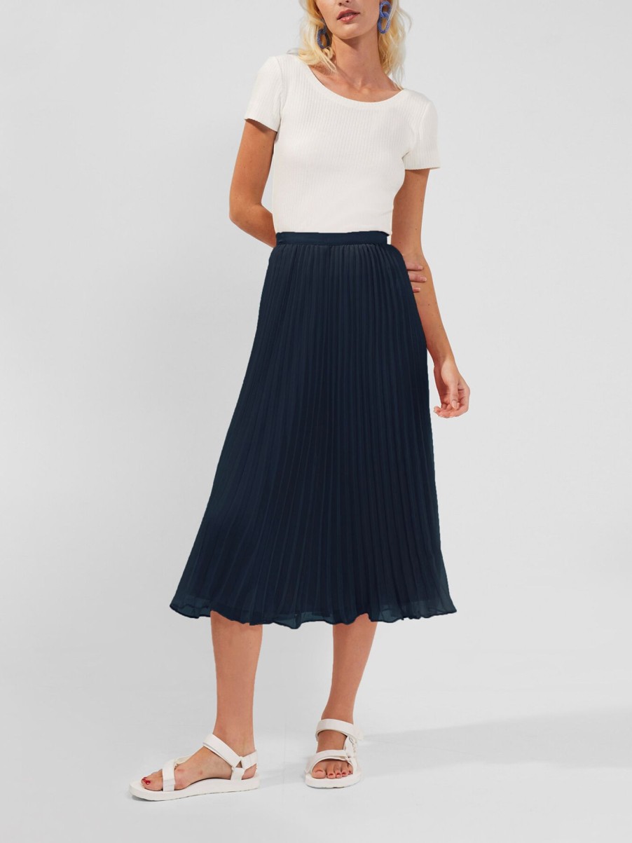 Women French Connection Skirts | Pleated Solid Skirt Utility Blue