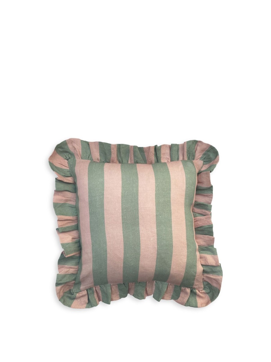 Home & Tech Amuse La Bouche Cushions & Textiles | Wide Stripe Frilled Filled Cushion Pink