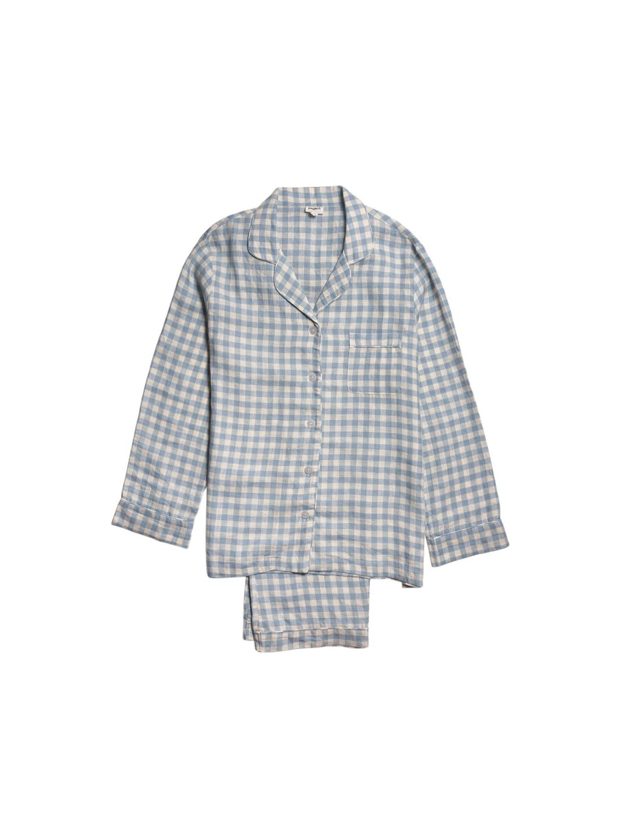 Men Piglet in Bed Nightwear & Loungewear | Gingham Linen Men'S Pj Trouser Set Warm Blue