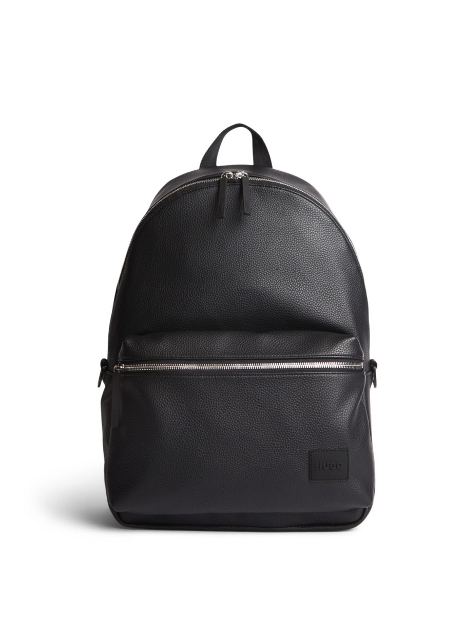 Men Hugo | Logo-Patch Backpack In Grained Faux Leather Black