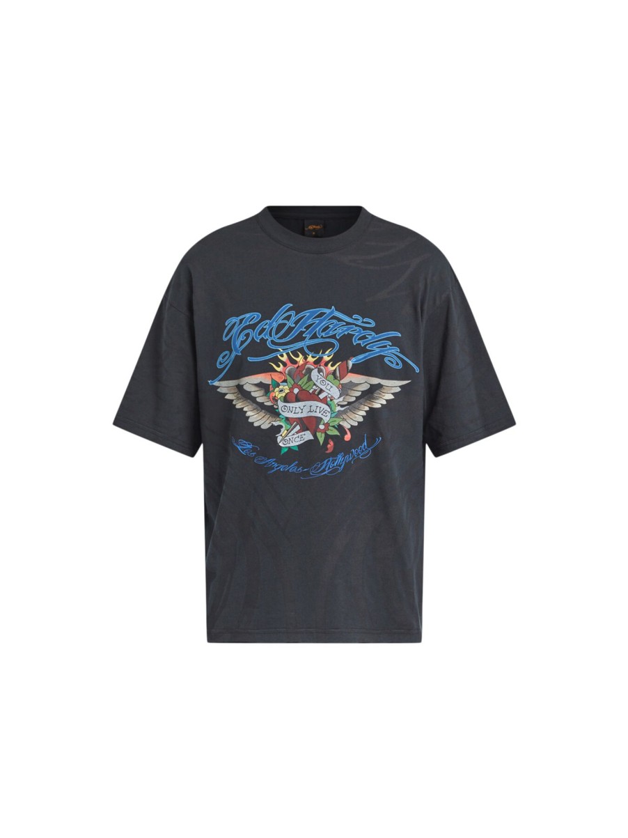 Men Ed Hardy T-Shirts | Live Once Double Sleeve Relaxed Tshirt Black