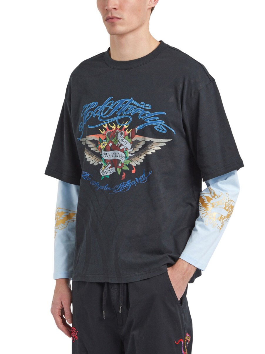 Men Ed Hardy T-Shirts | Live Once Double Sleeve Relaxed Tshirt Black