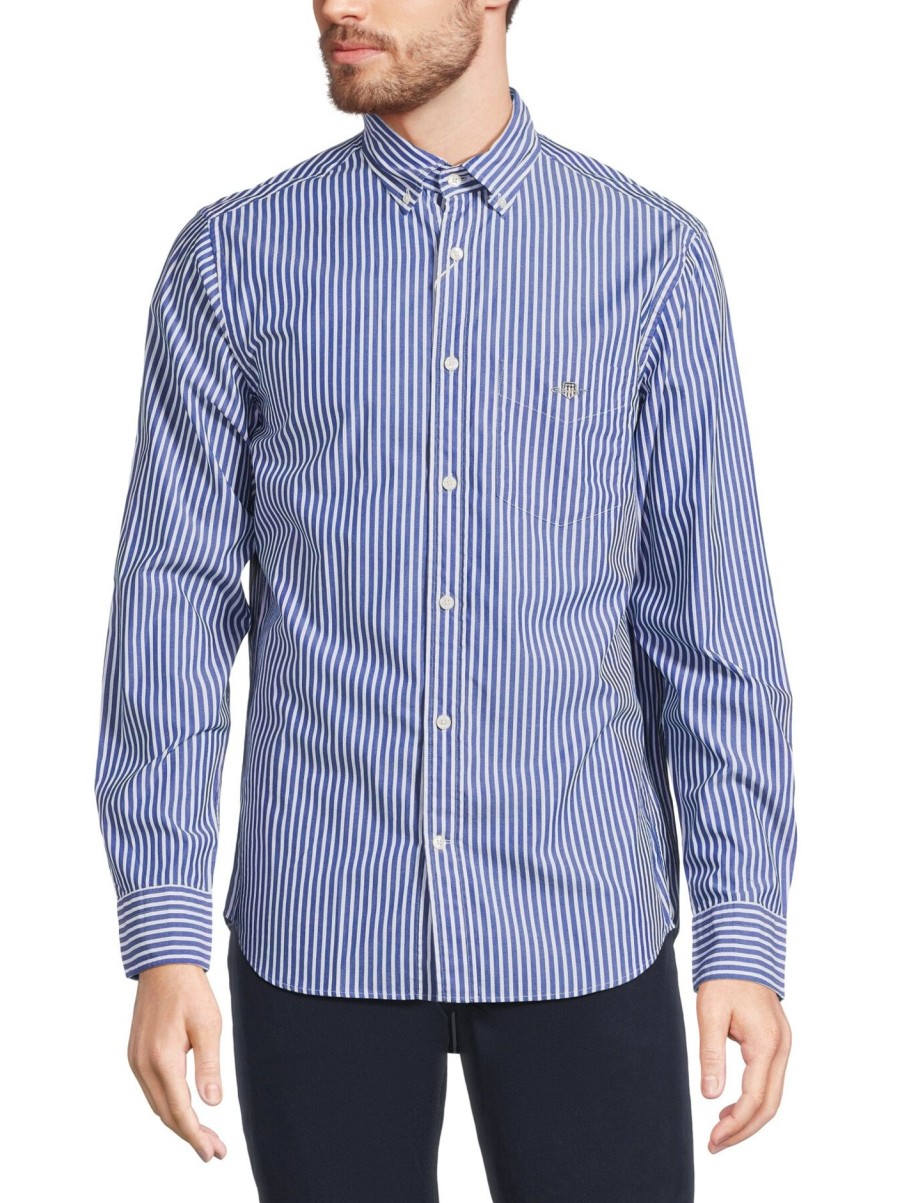 Men GANT Shirts | Poplin Stripe Shirt College Blue