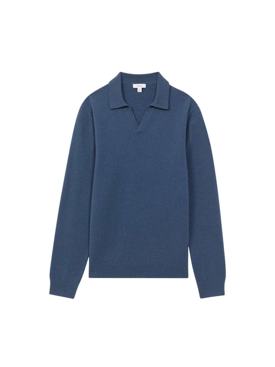 Men REISS Polo & Rugby Shirts | Swifts Merino Wool Open Collar Top Mid Blue