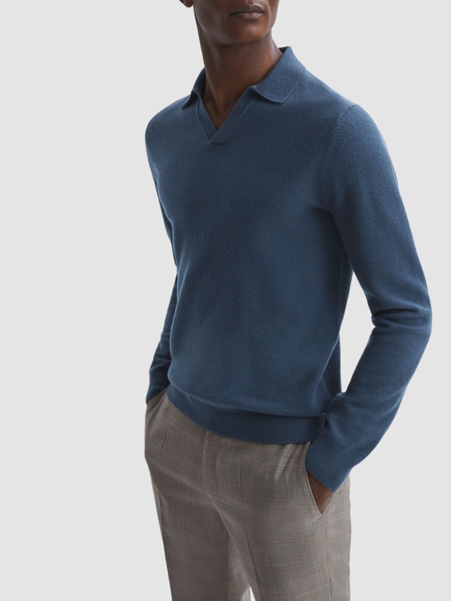 Men REISS Polo & Rugby Shirts | Swifts Merino Wool Open Collar Top Mid Blue