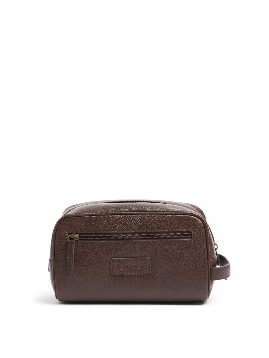 Men Barbour | Leather Washbag Dark Brown