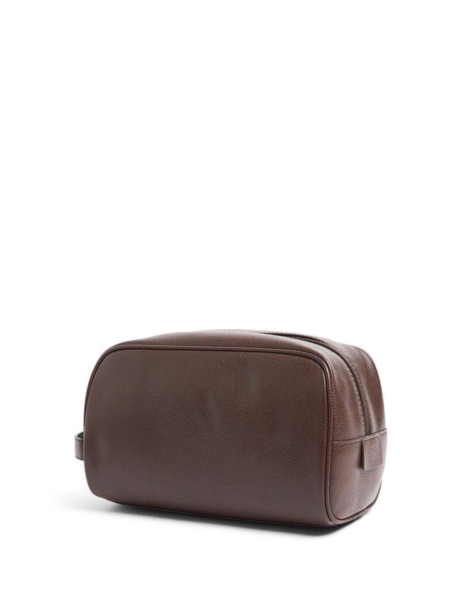 Men Barbour | Leather Washbag Dark Brown