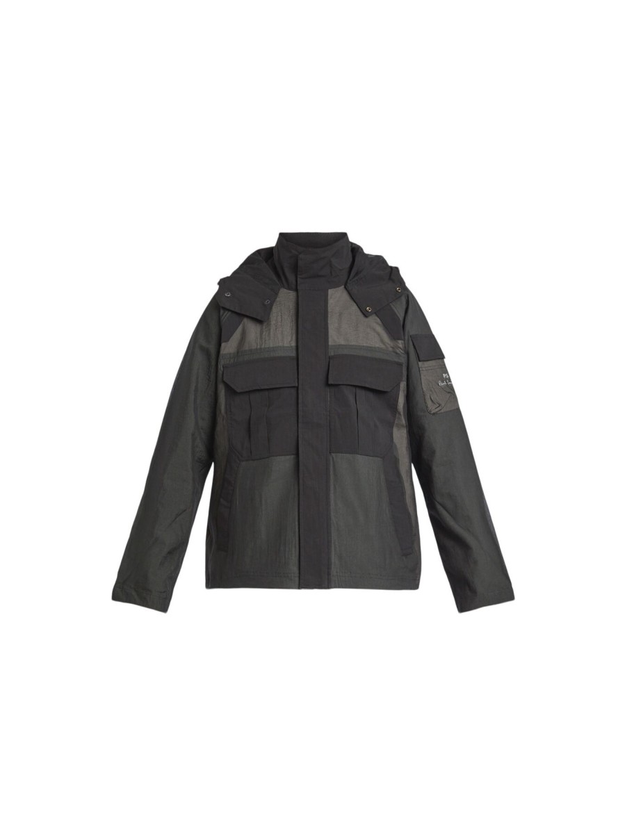 Men PS Paul Smith Coats & Jackets | Contrast Panel Funnel Neck Hooded Shell Jacket Black