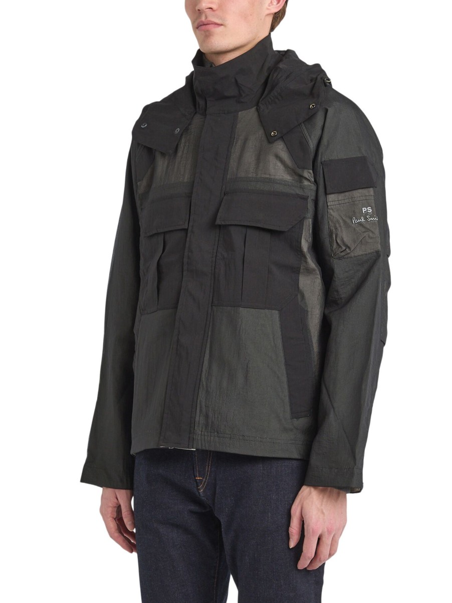 Men PS Paul Smith Coats & Jackets | Contrast Panel Funnel Neck Hooded Shell Jacket Black